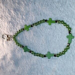 Keychain Green With Gold Tone Featuring Cross Accents